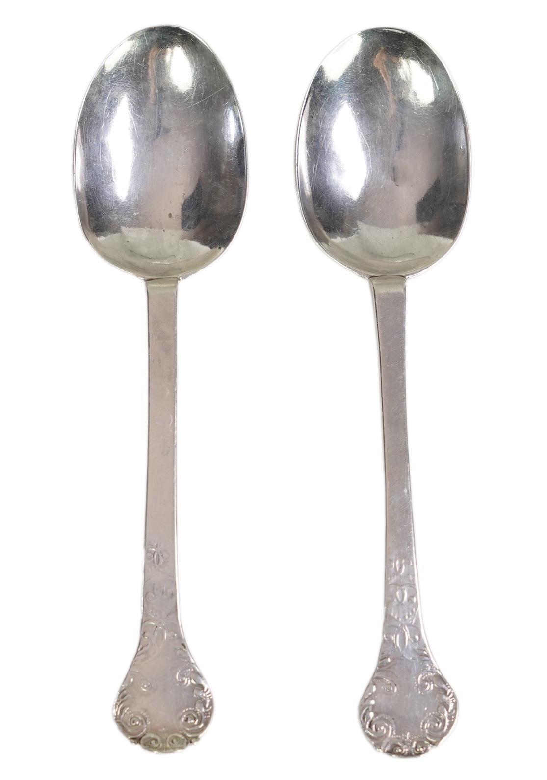 A pair of Charles II silver lace back trefid spoons, maker PL (Jackson's ref. p.137)